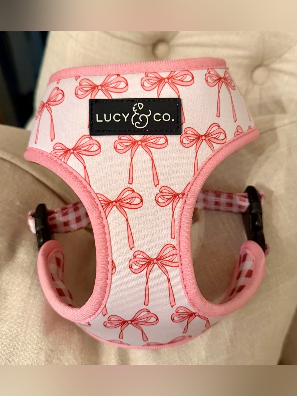 Lucy & Co. Pink Bow and Gingham Reversable Pattern Dog Harness - size Small S